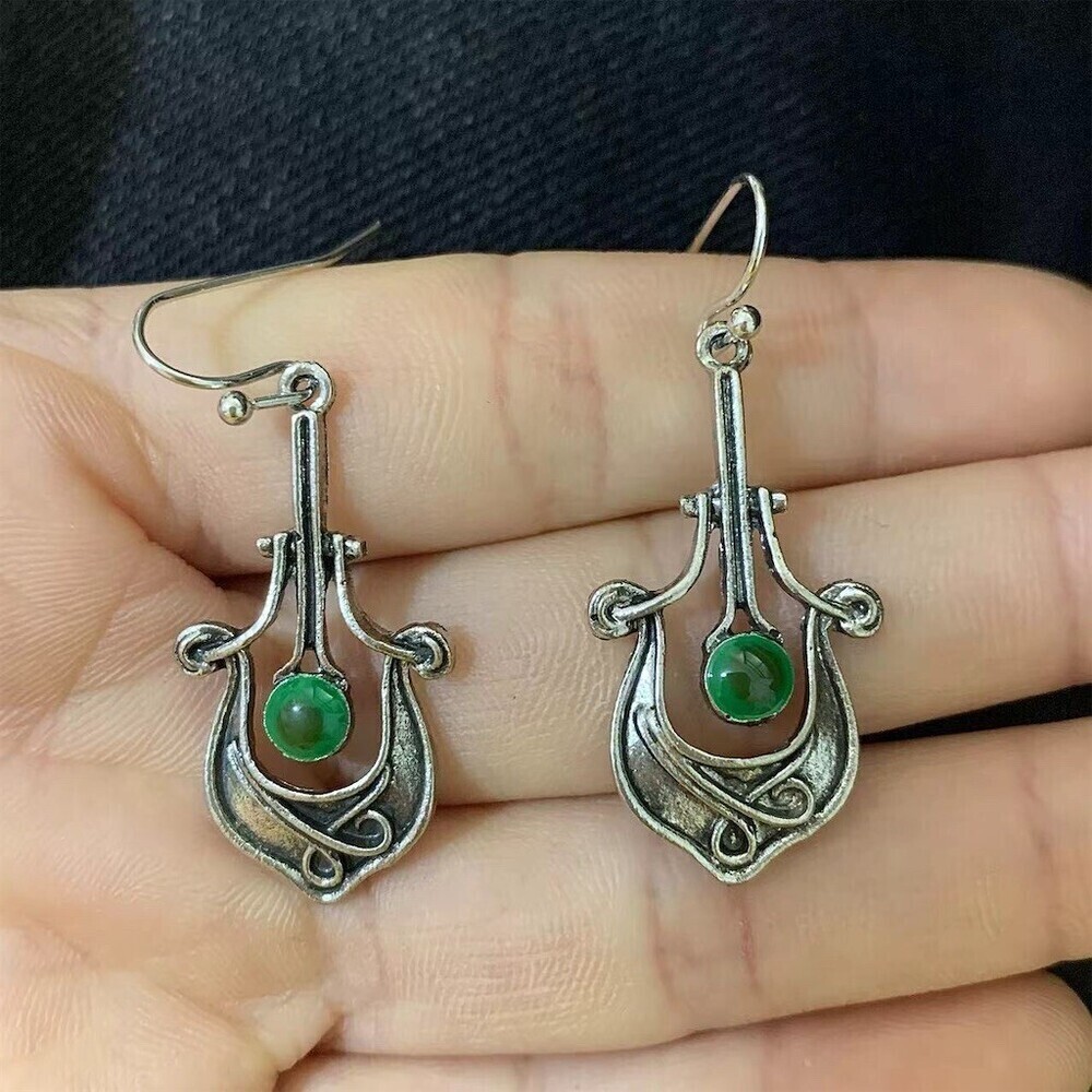 Silver Tone Celtic Inspired Dangle Earrings Green Beaded Pierced Hook